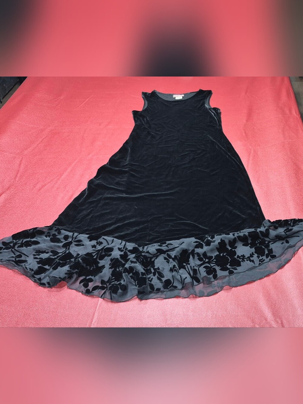 Black Velvet A-Line Dress with Floral Hem